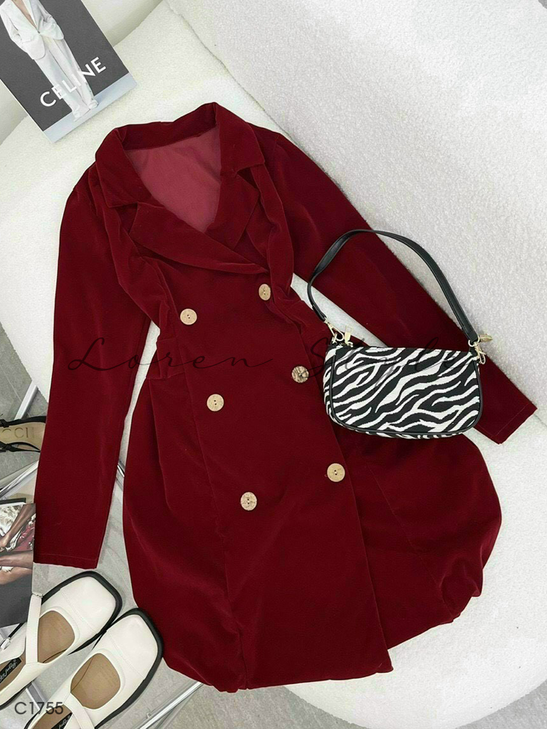 Đầm đỏ nhung cổ vest C1755