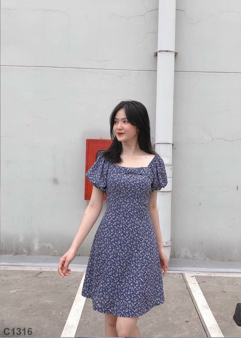 Đầm xanh tay phồng xanh C1316