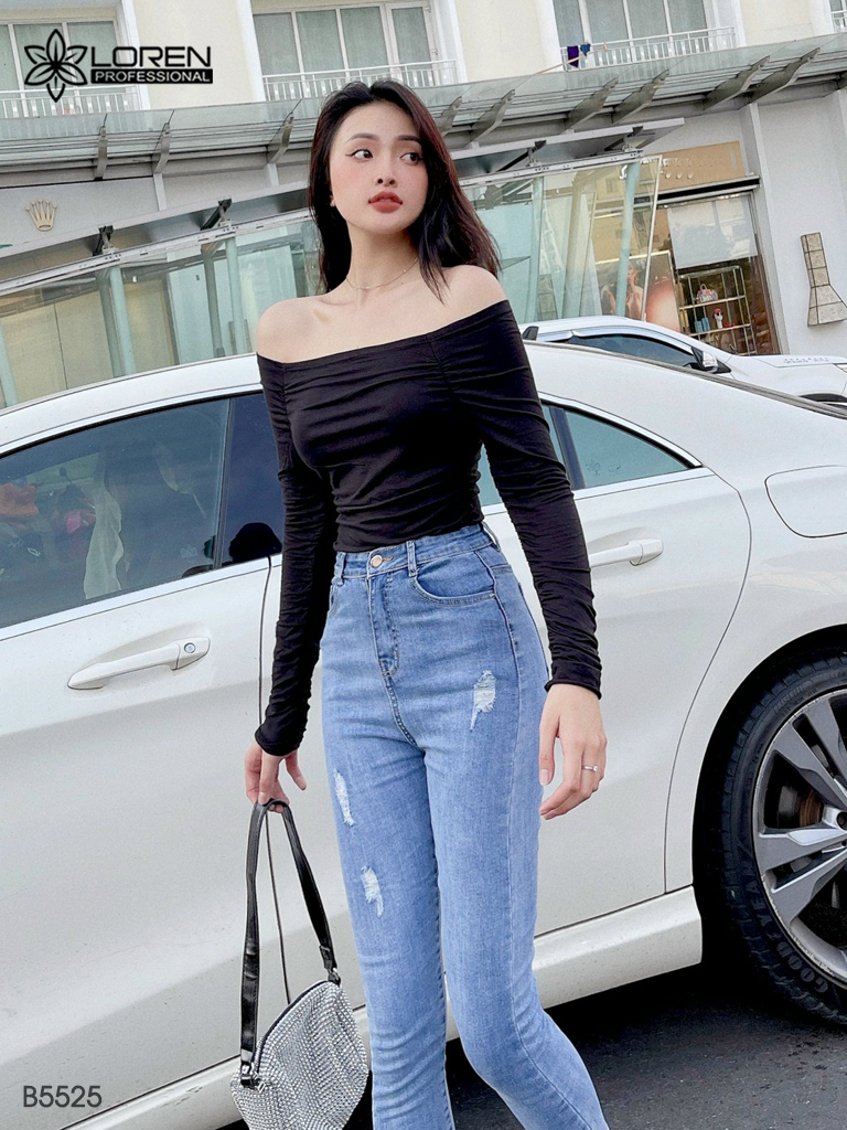 Quần jean skinny LOREN lửng lai tua xanh B5525