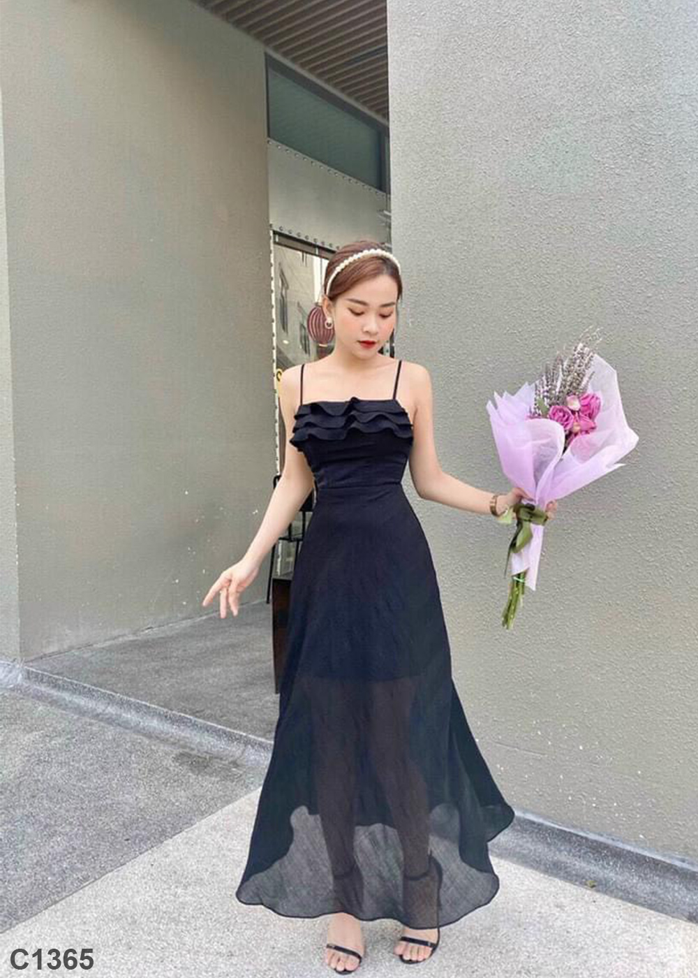 Đầm maxi dây tầng đen C1365