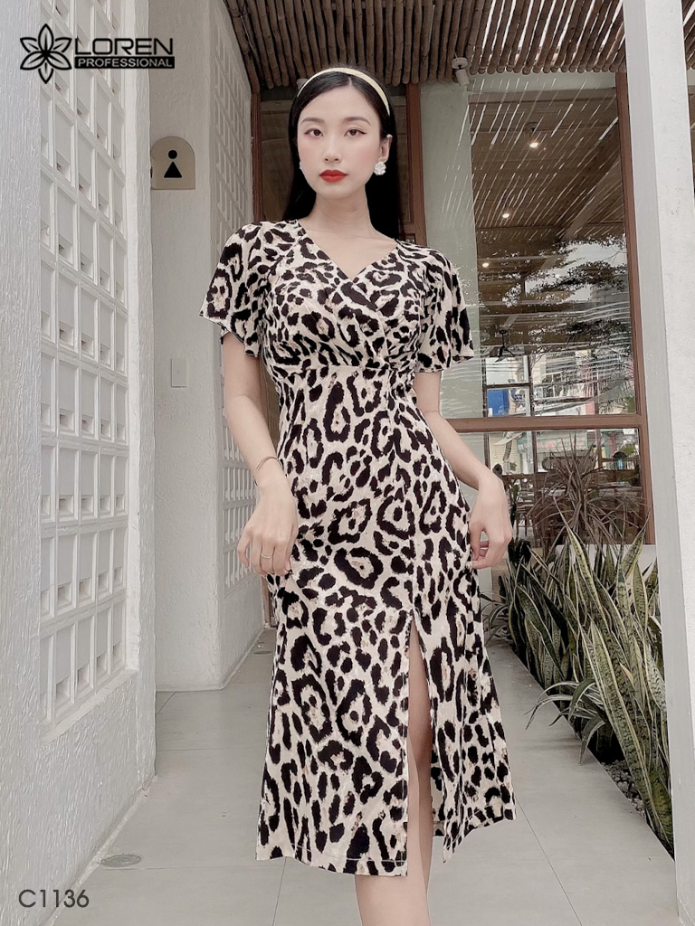 Đầm LOREN hoa vằn xẻ lai vàng C1136