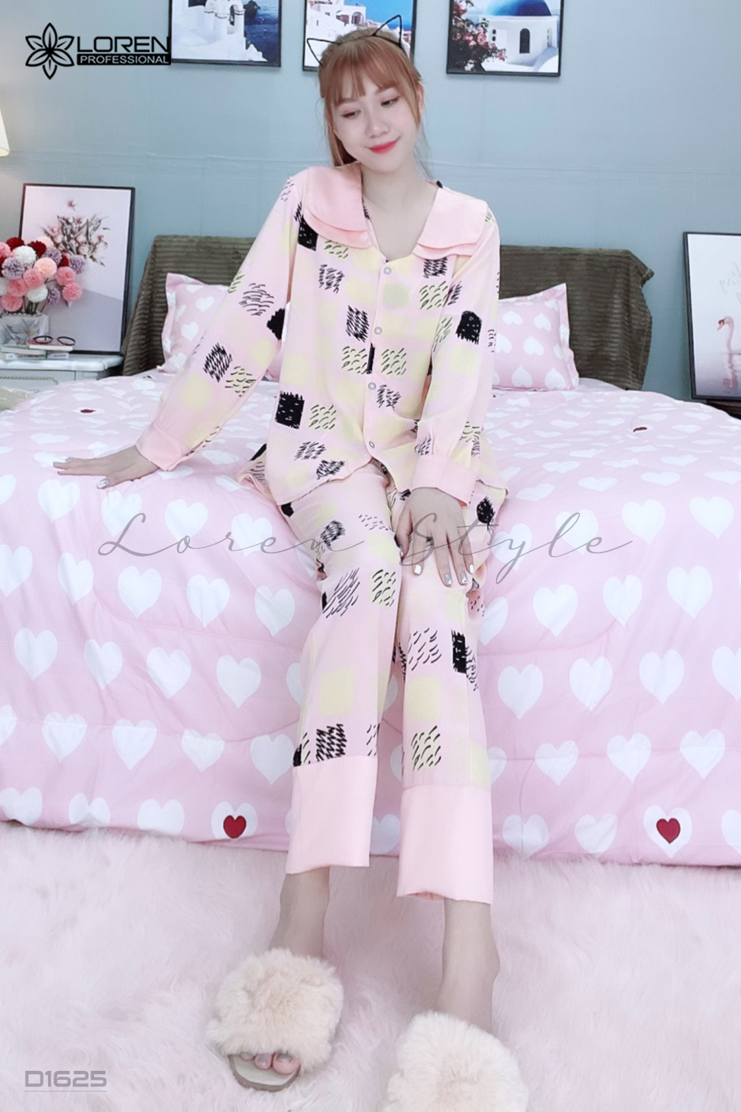 Đồ ngủ pijama dài phối cổ sen hồng D1625