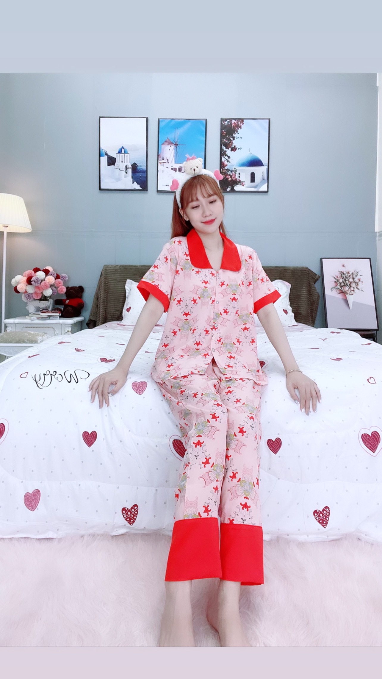 Đồ ngủ pijama tay ngắn quần dài hồng D1657