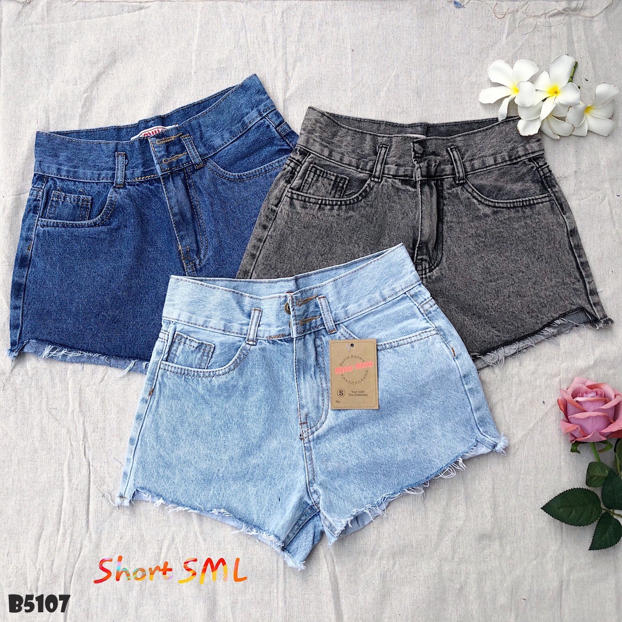 Quần jean short 2 nút tua xám B5107