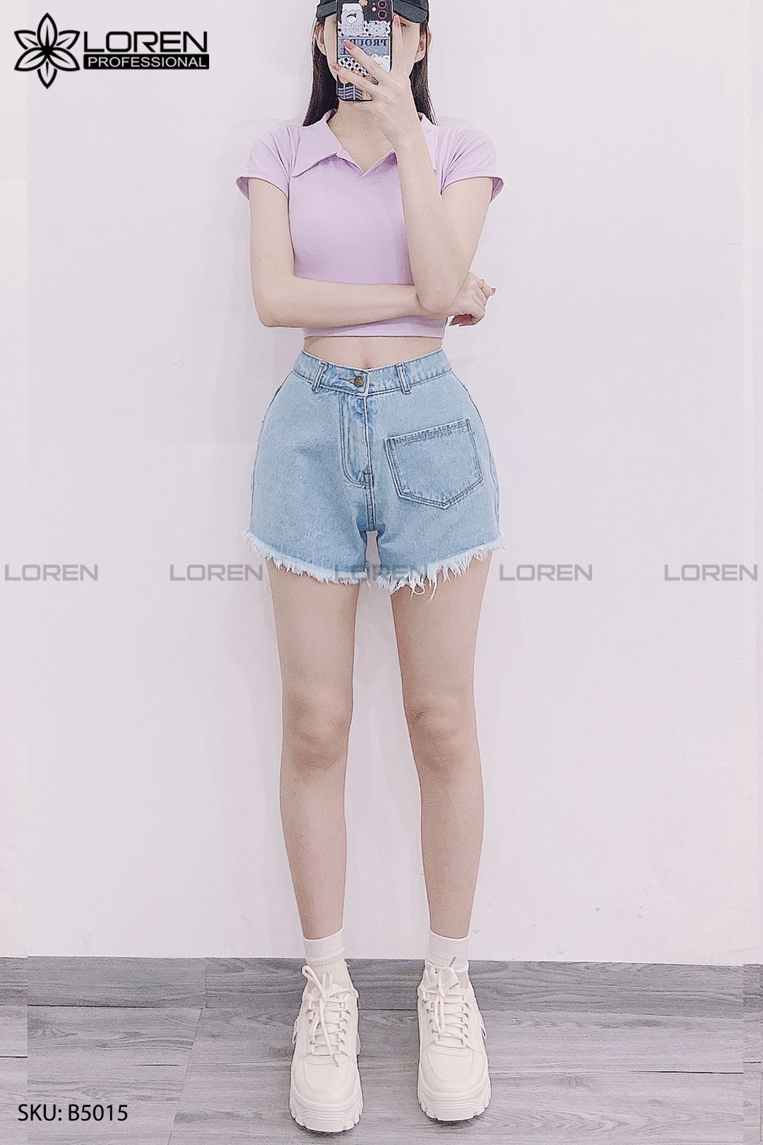 Quần jean short kiểu túi tua xanh B5015