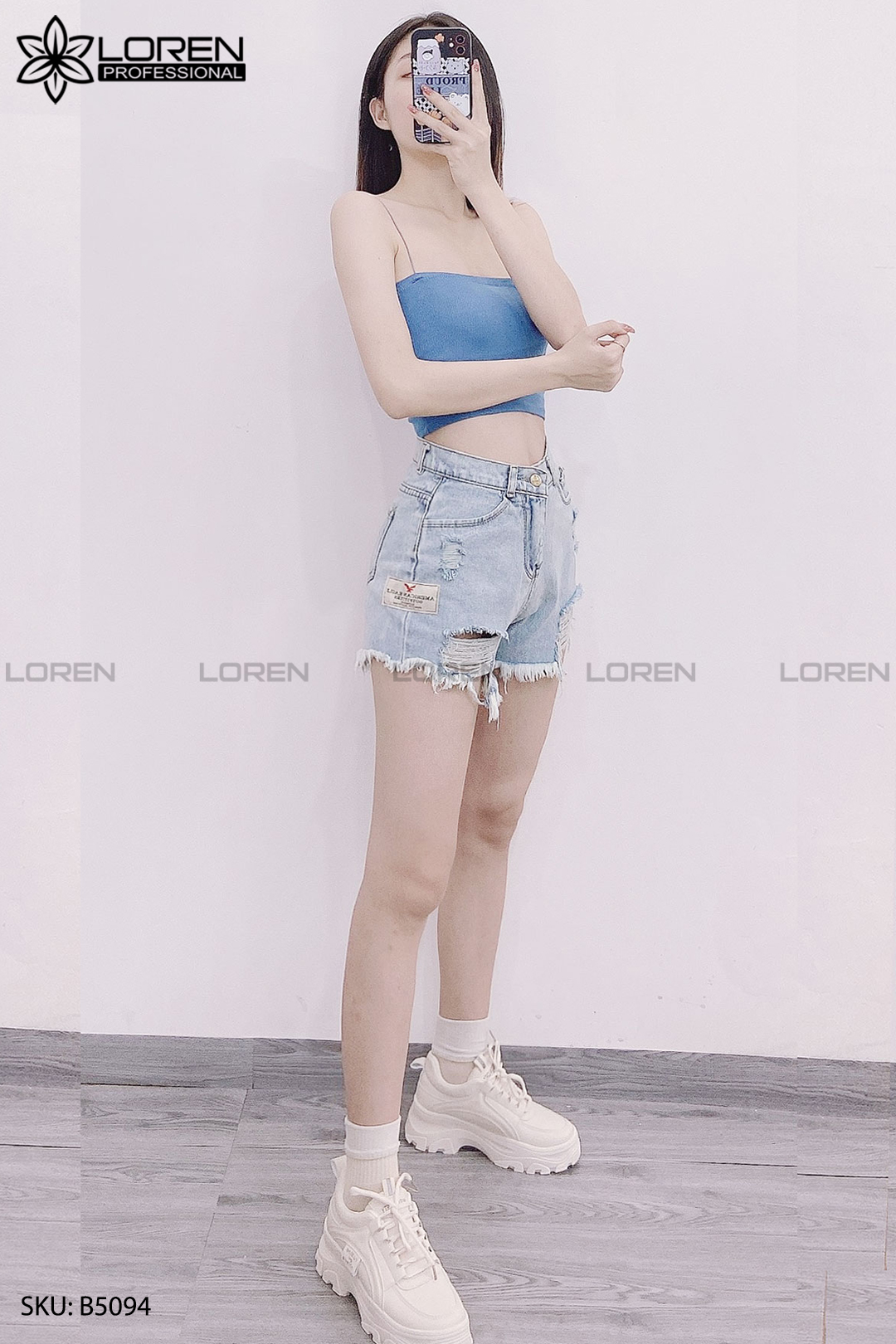 Quần jean short rách xanh B5094