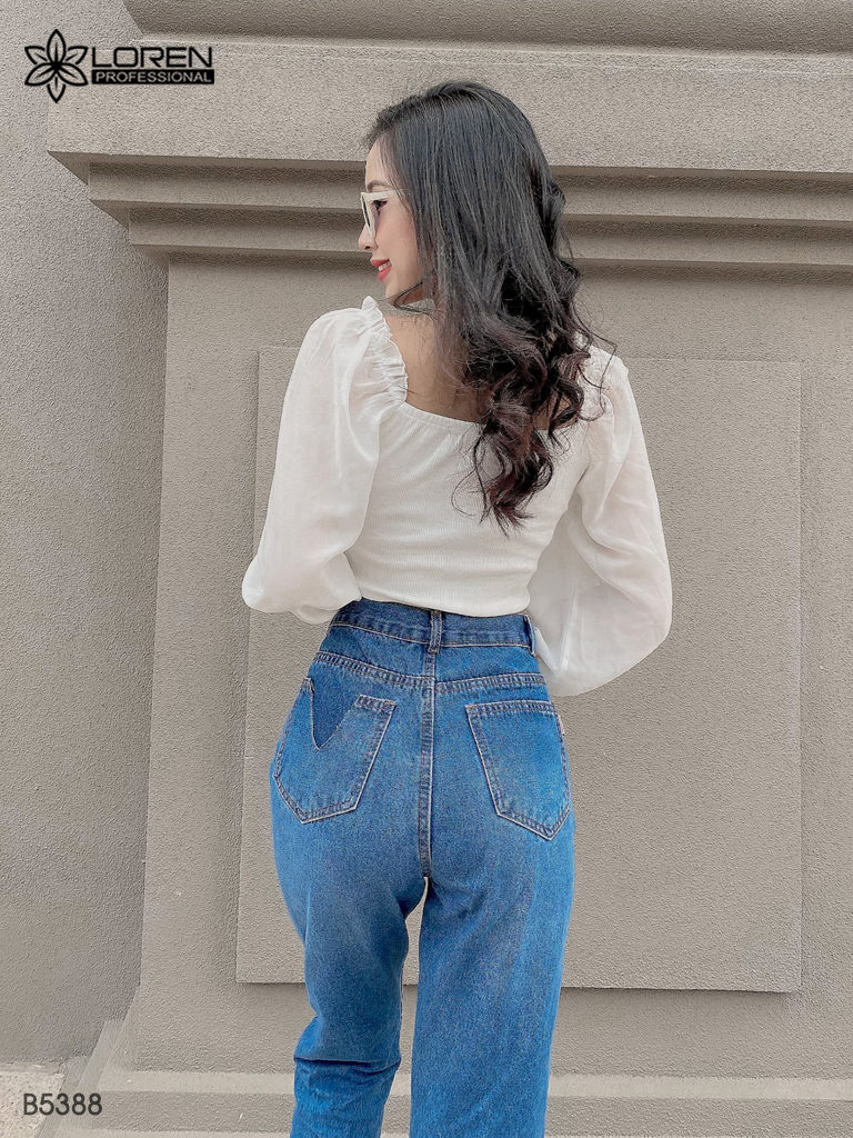 Quần jean baggy LOREN xẻ tua xanh B5388