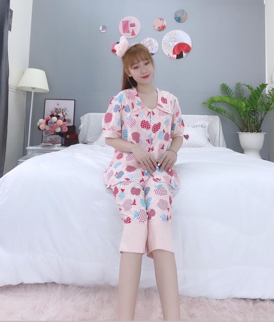 Đồ ngủ pijama lửng phối màu hồng D1714