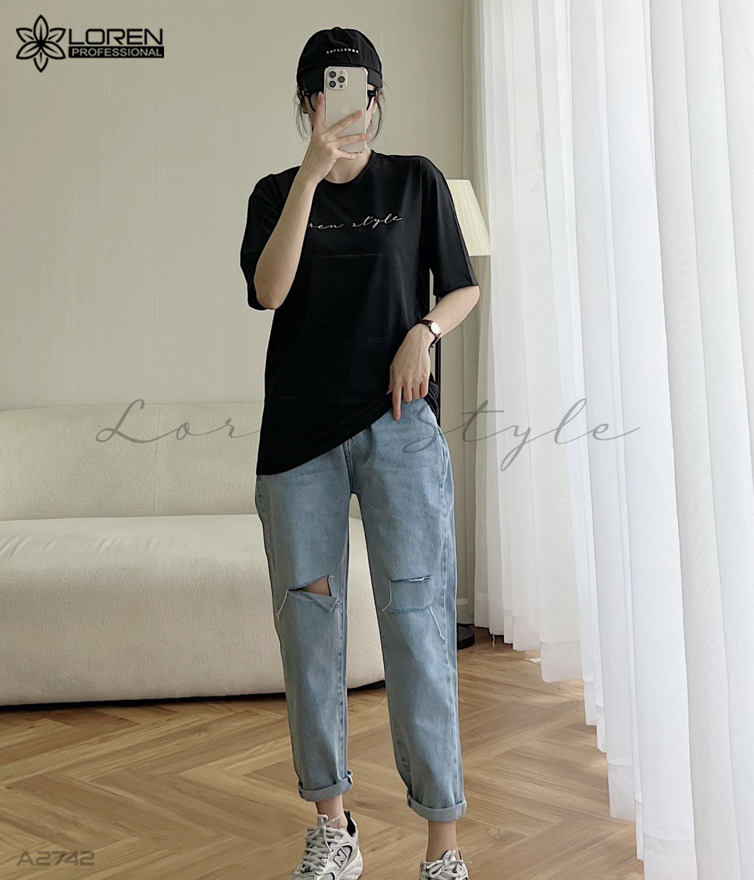 Áo thun nữ LOREN chữ Loren style đen A2742