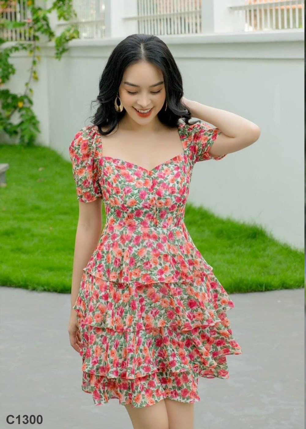 Đầm hoa bi đỏ C1300