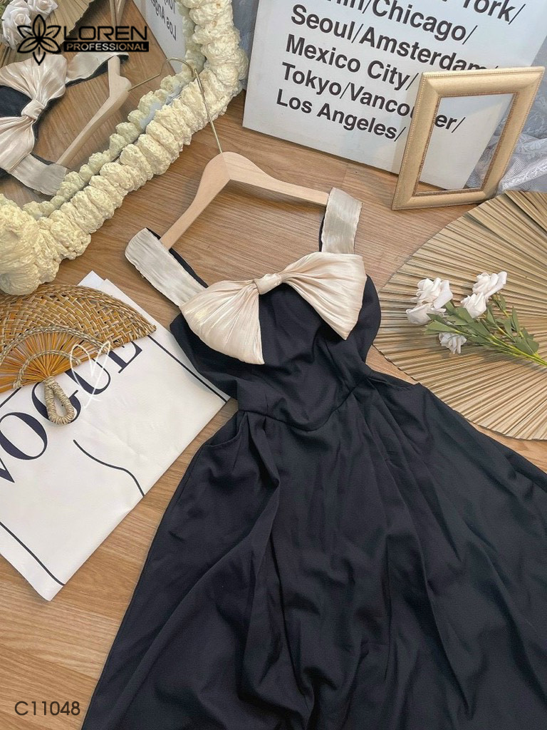 Đầm LOREN midi nơ voan kem C11048