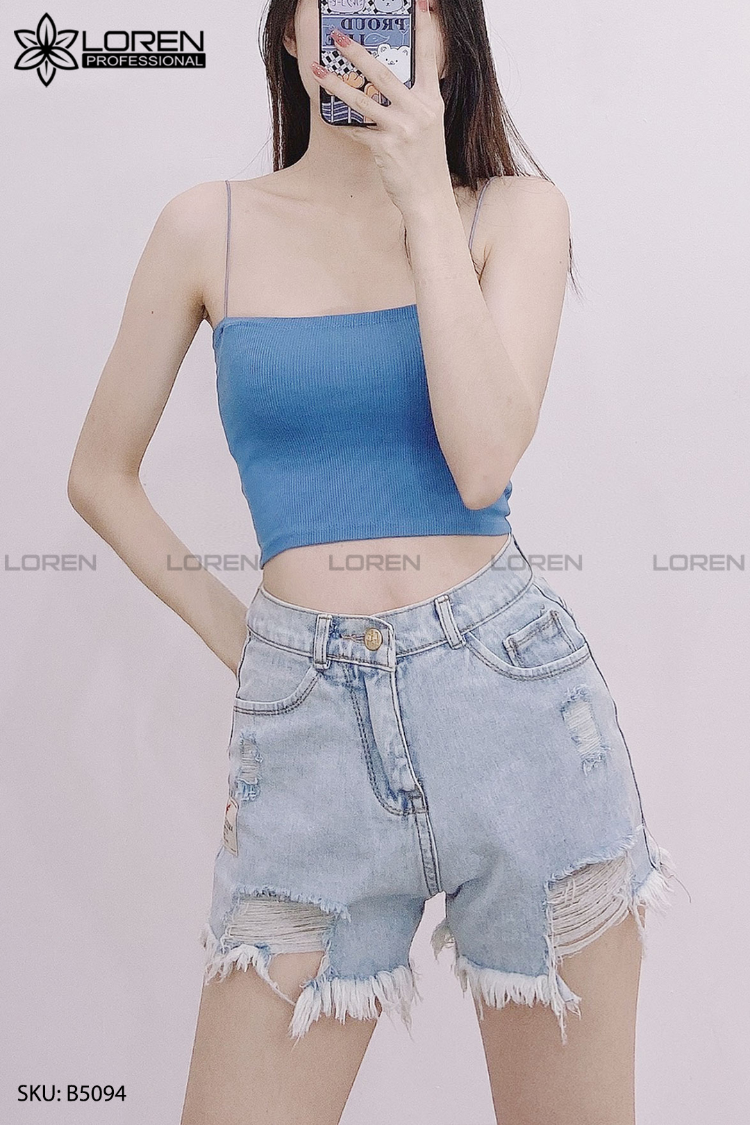 Quần jean short rách xanh B5094