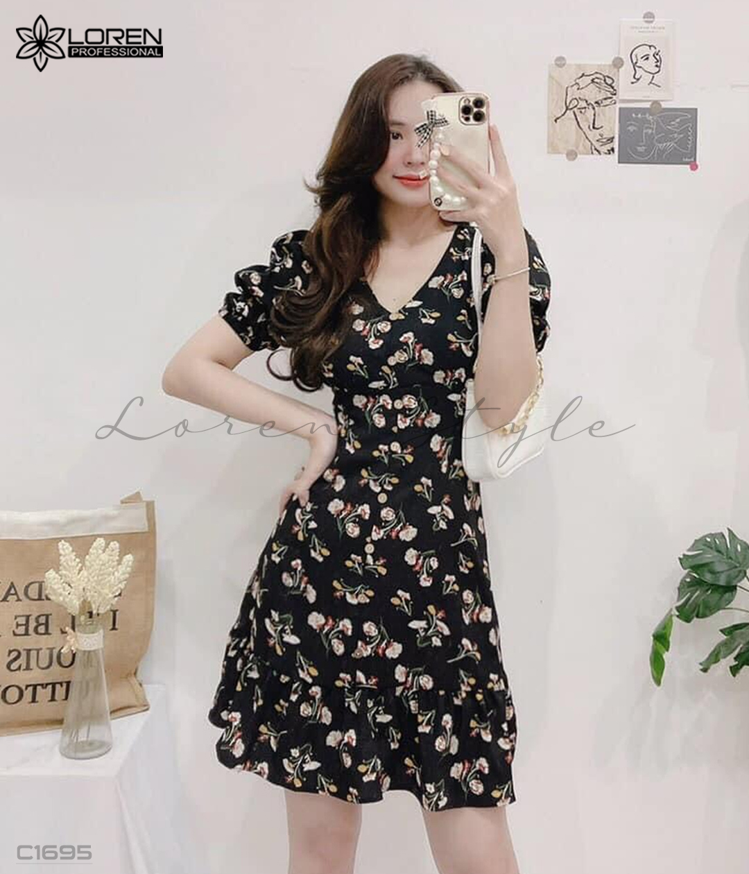 Đầm xòe hoa nhí đen C1695