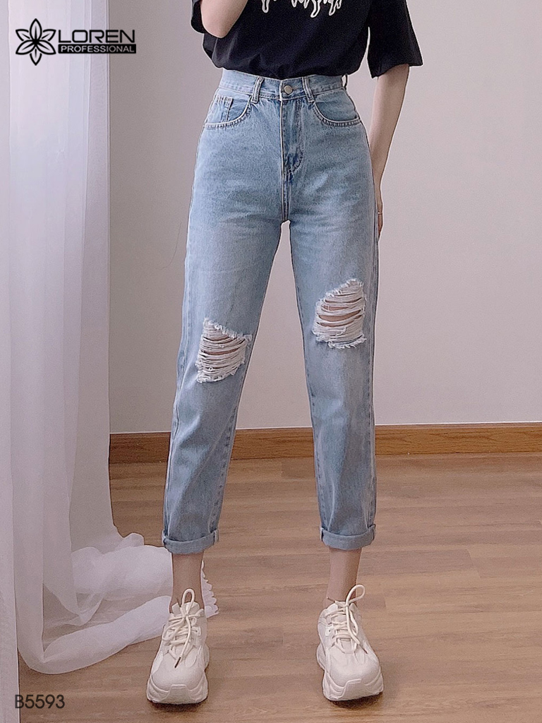 Quần jean baggy LOREN rách gối xanh B5593