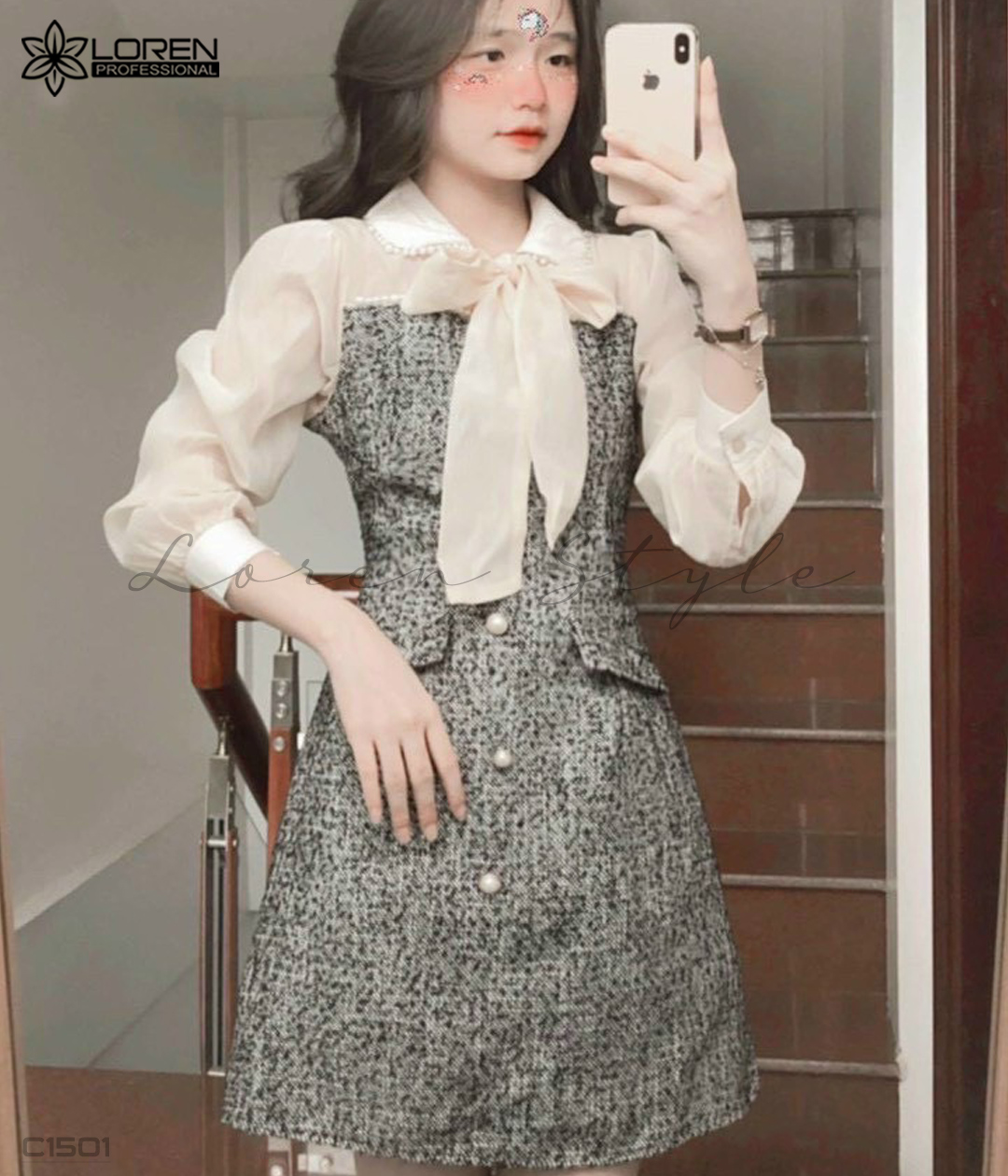 Đầm caro phối tay dài nude C1501