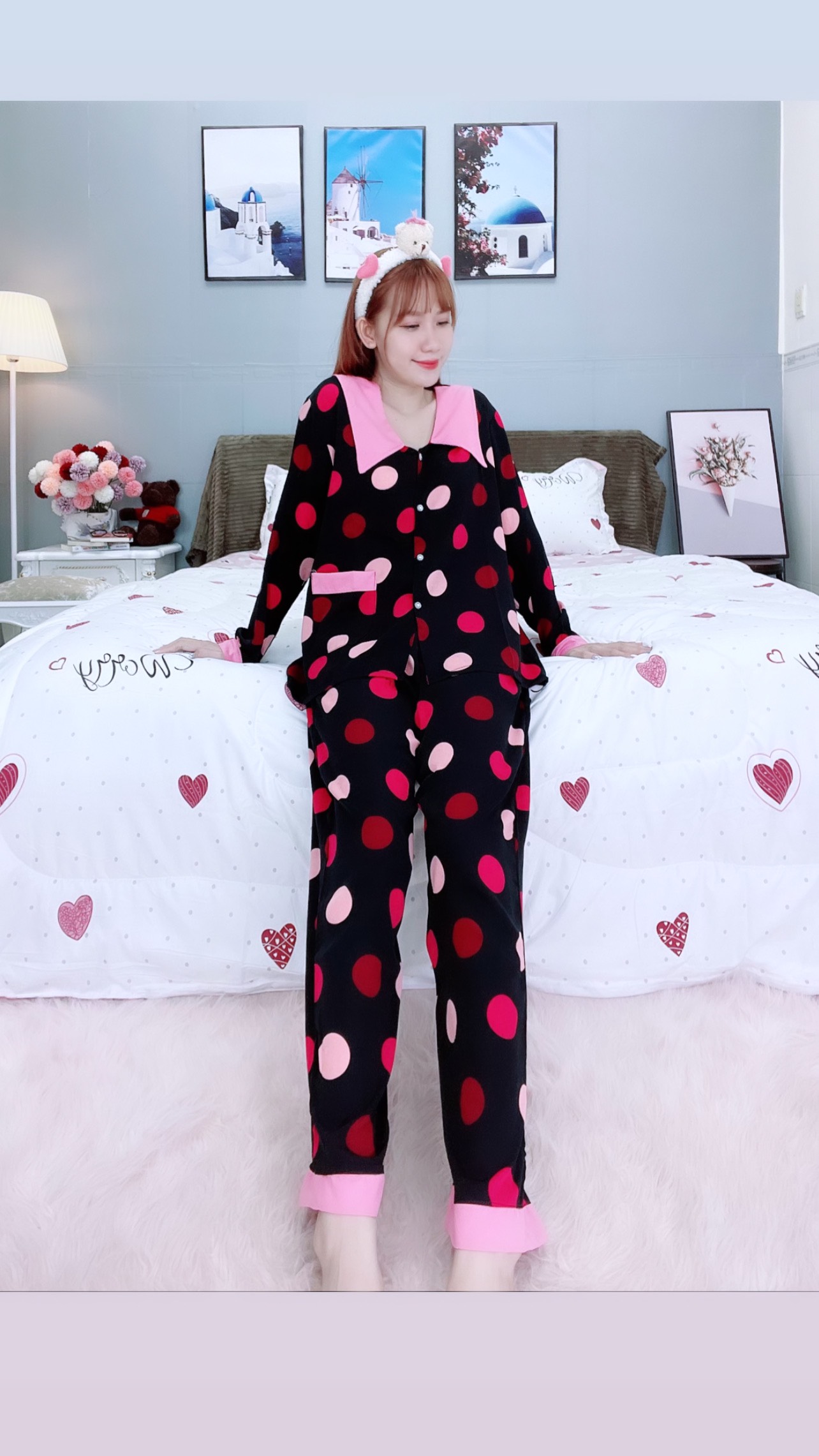 Đồ ngủ pijama dài phối cổ bèo đen D1659