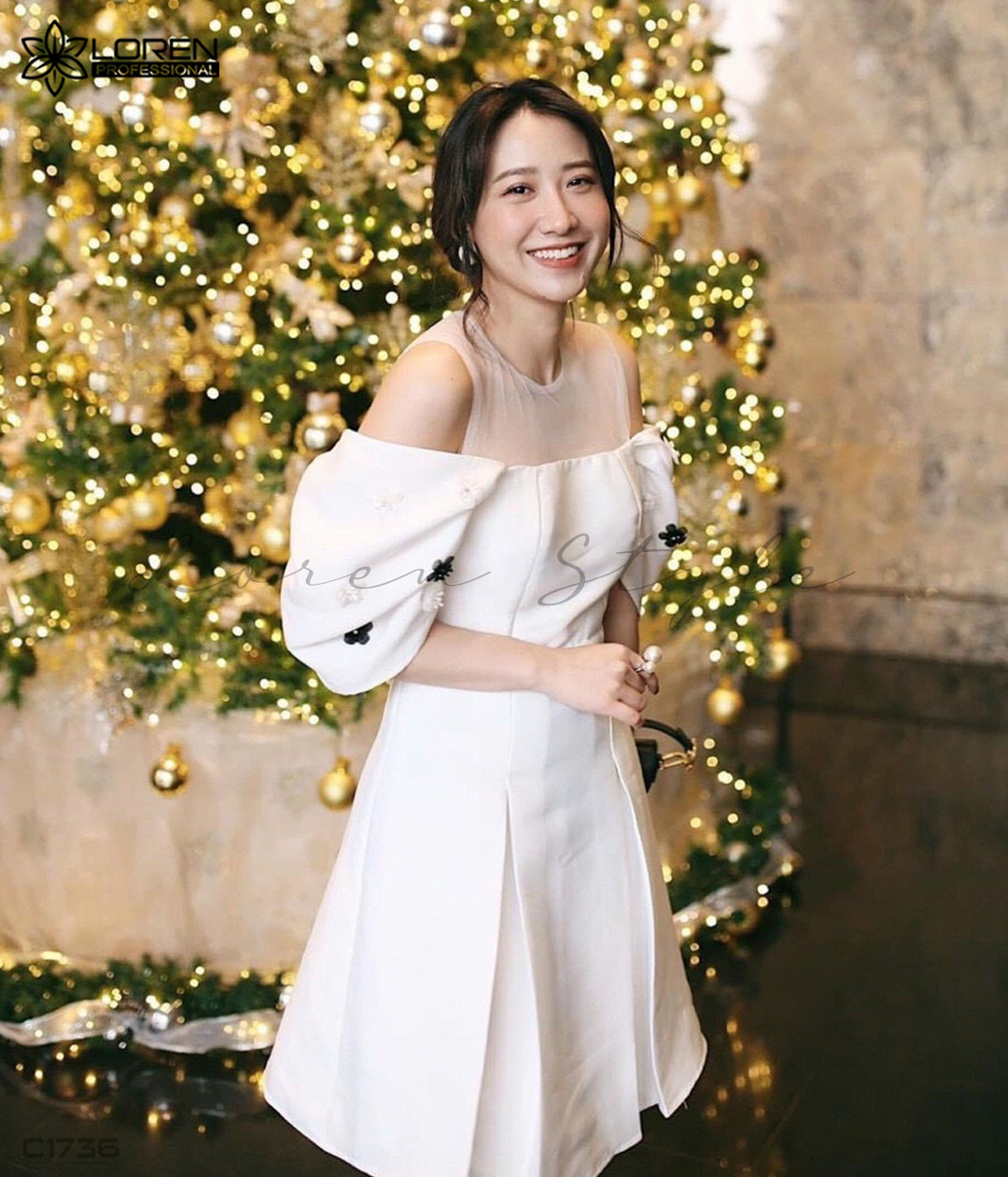 Đầm xòe phối tay phồng hoa trắng C1736