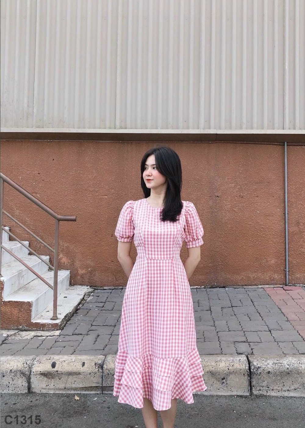 Đầm caro hồng C1315