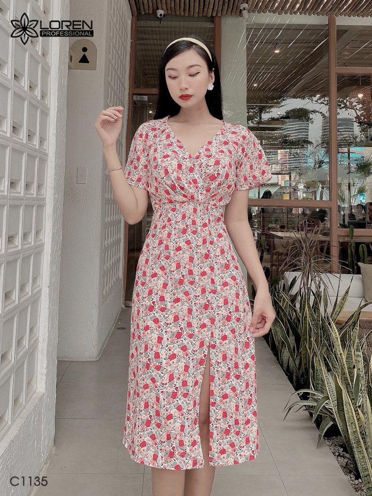 Đầm LOREN hoa nhí xẻ lai hồng C1135