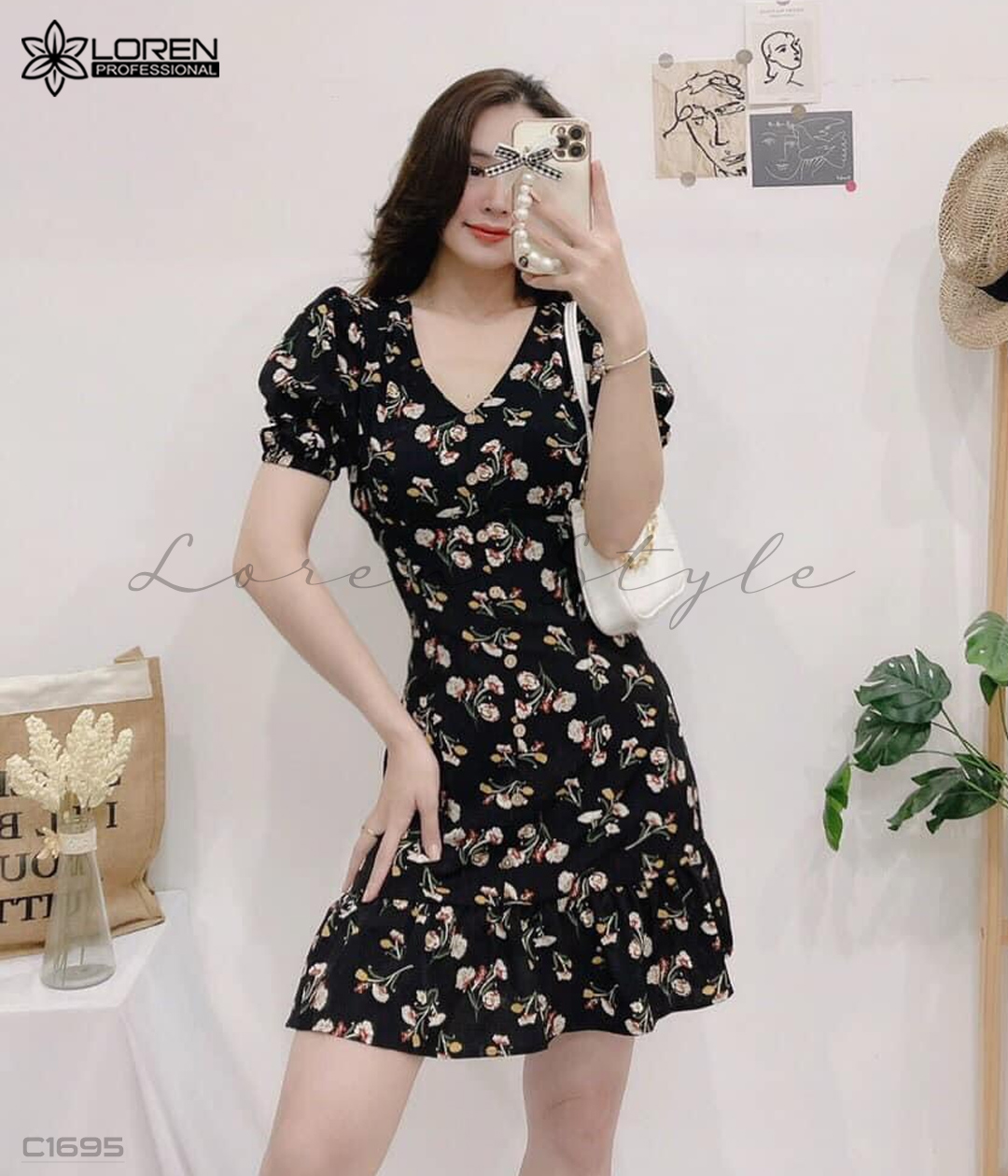 Đầm xòe hoa nhí đen C1695