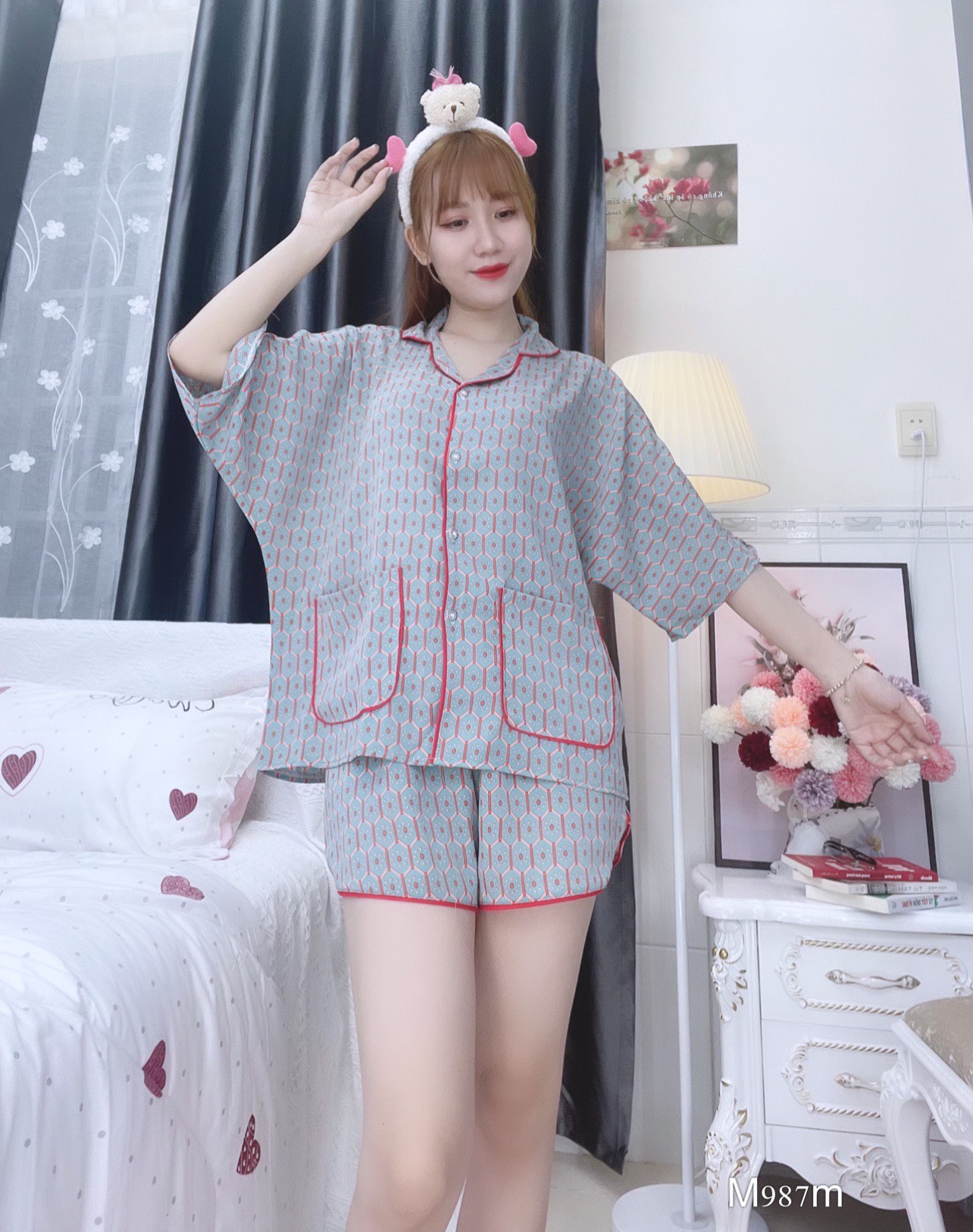 Đồ ngủ pijama ngắn phối màu xanh D1728