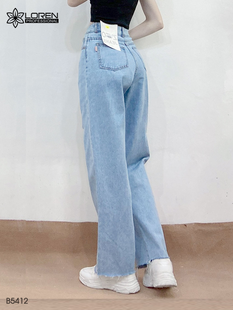 Quần jean ống rộng LOREN rách tua xanh B5412