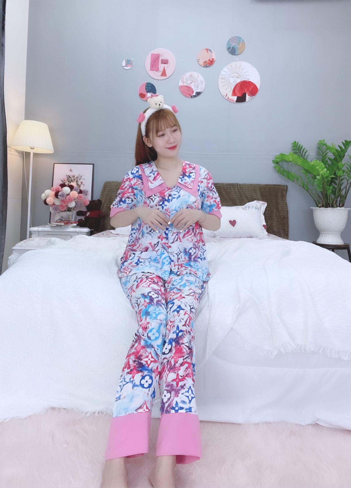 Đồ ngủ pijama tay ngắn quần dài hồng D1674