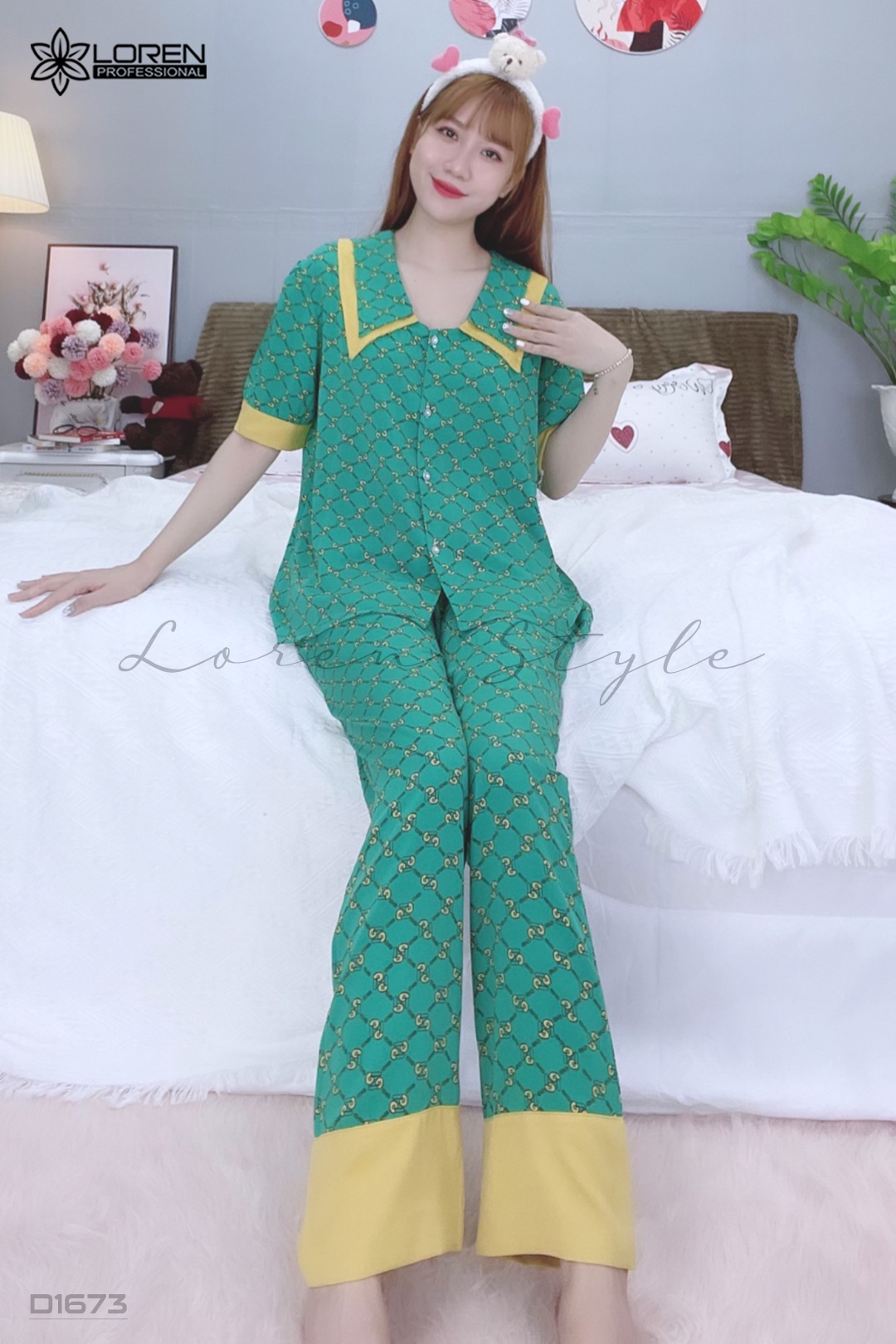 Đồ ngủ pijama tay ngắn quần dài xanh D1673