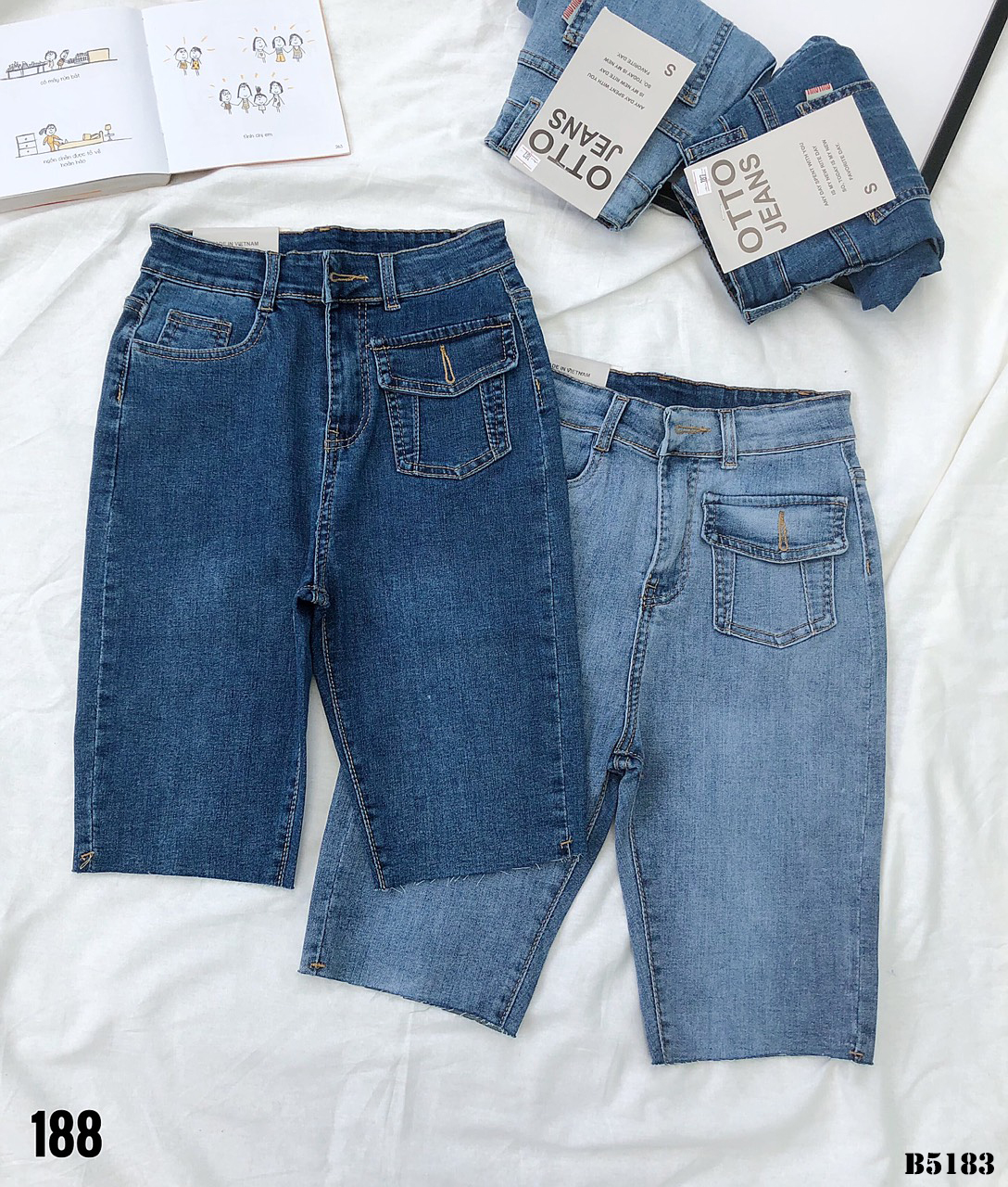 Quần jean ngố kiểu túi tua xanh B5183