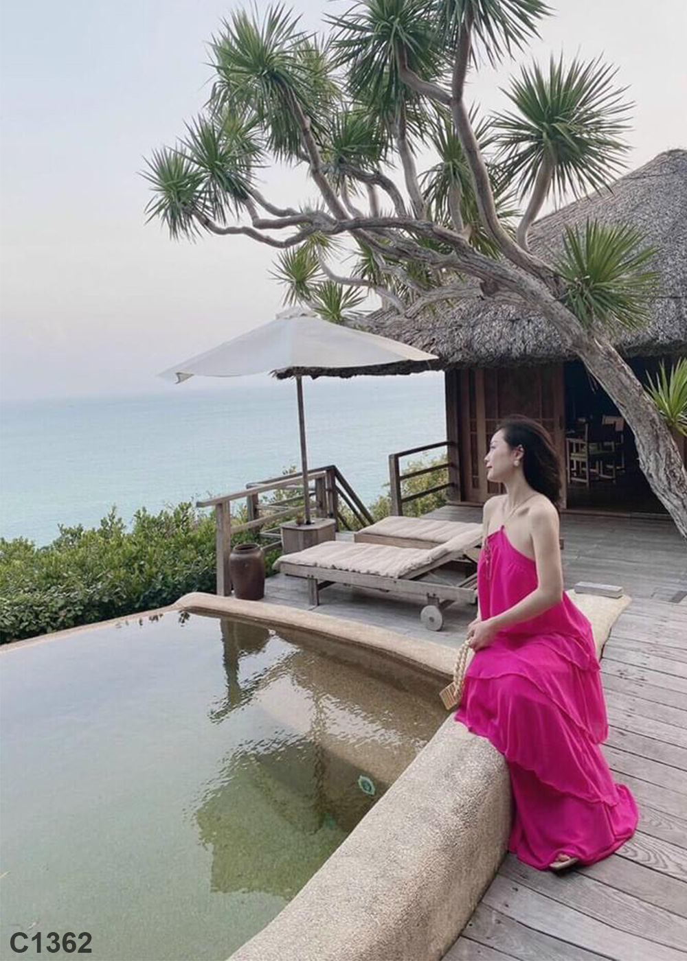 Đầm maxi 2 dây xích hồng C1362