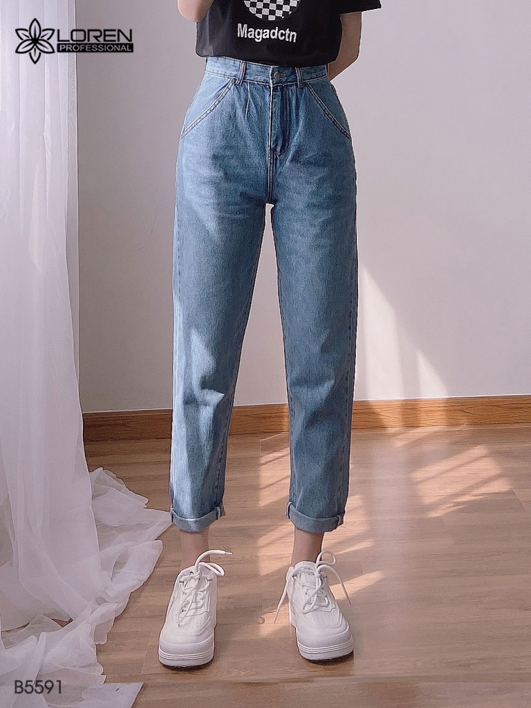 Quần jean baggy LOREN trơn tua xanh B5591