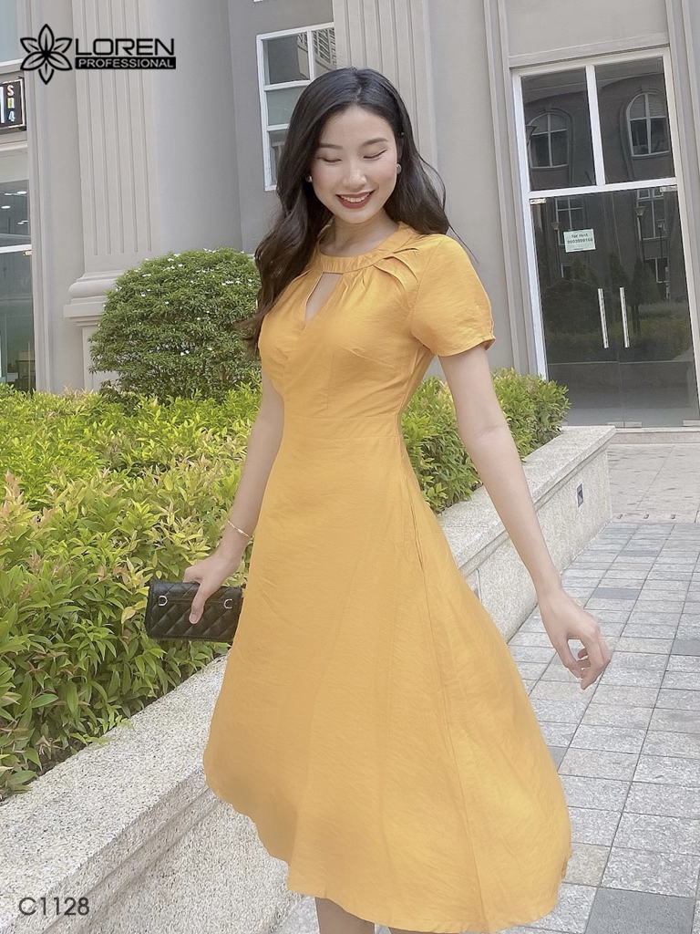 Đầm LOREN xòe cổ tròn vàng C1128