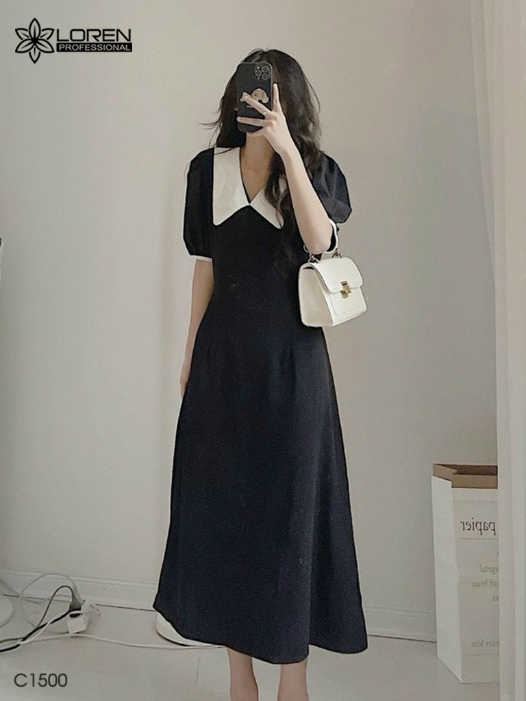 Đầm midi đen cổ peter trắng C1500