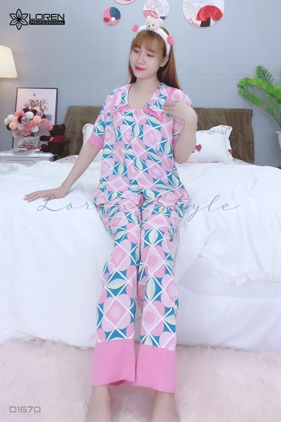 Đồ ngủ pijama tay ngắn quần dài hồng D1670