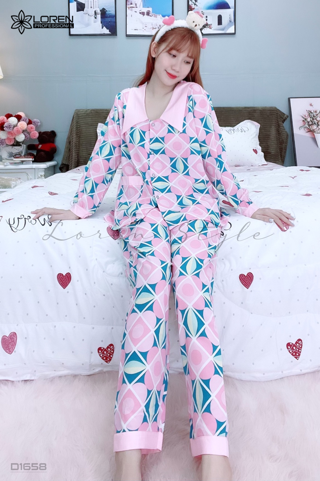 Đồ ngủ pijama dài phối cổ bèo hồng D1658