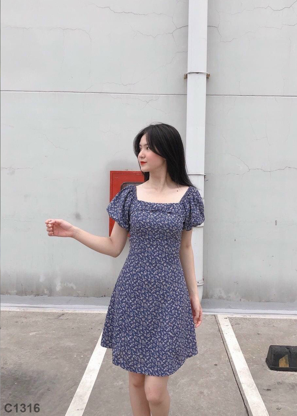 Đầm xanh tay phồng xanh C1316