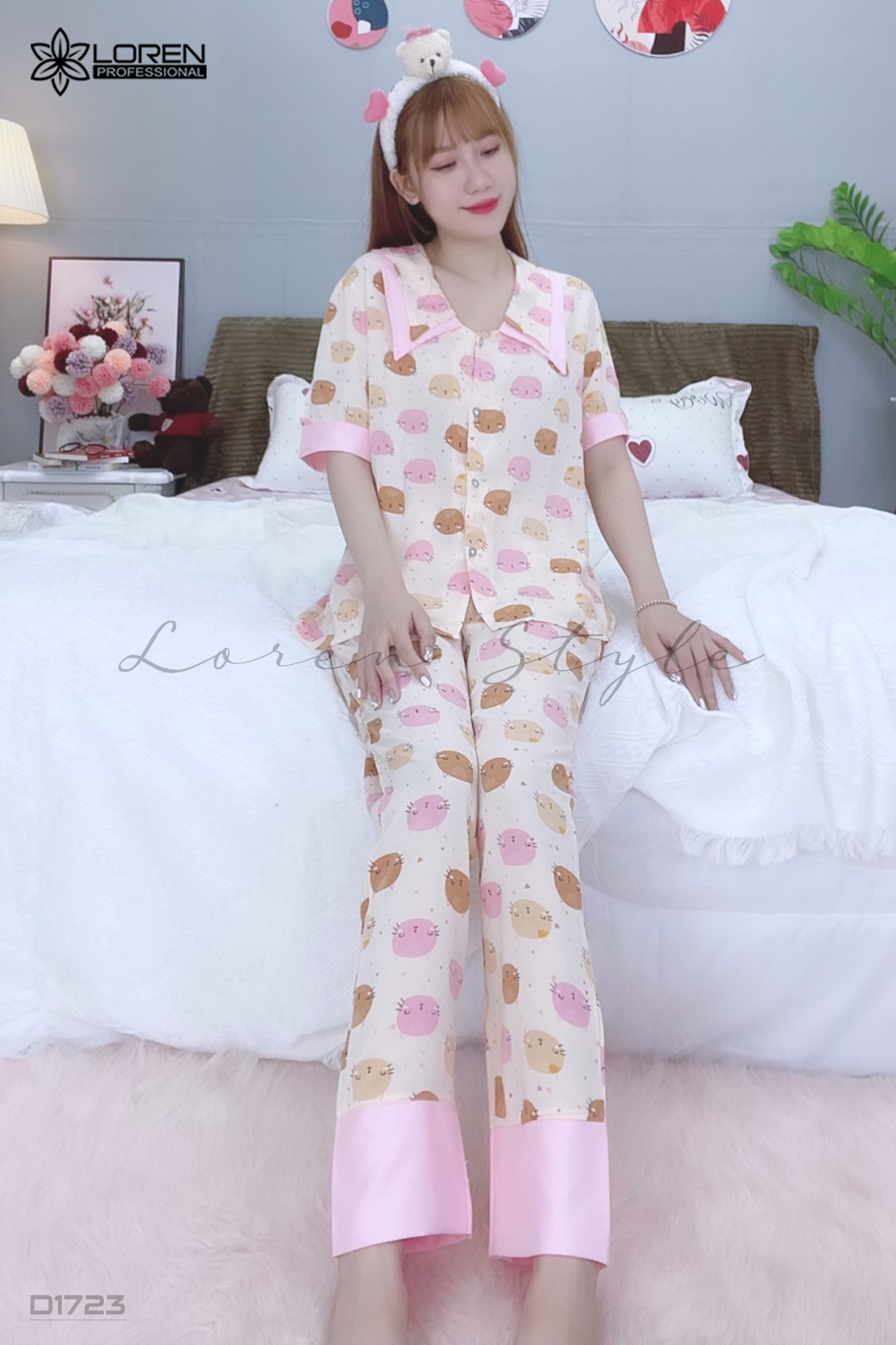 Đồ ngủ pijama tay ngắn quần dài hồng D1723