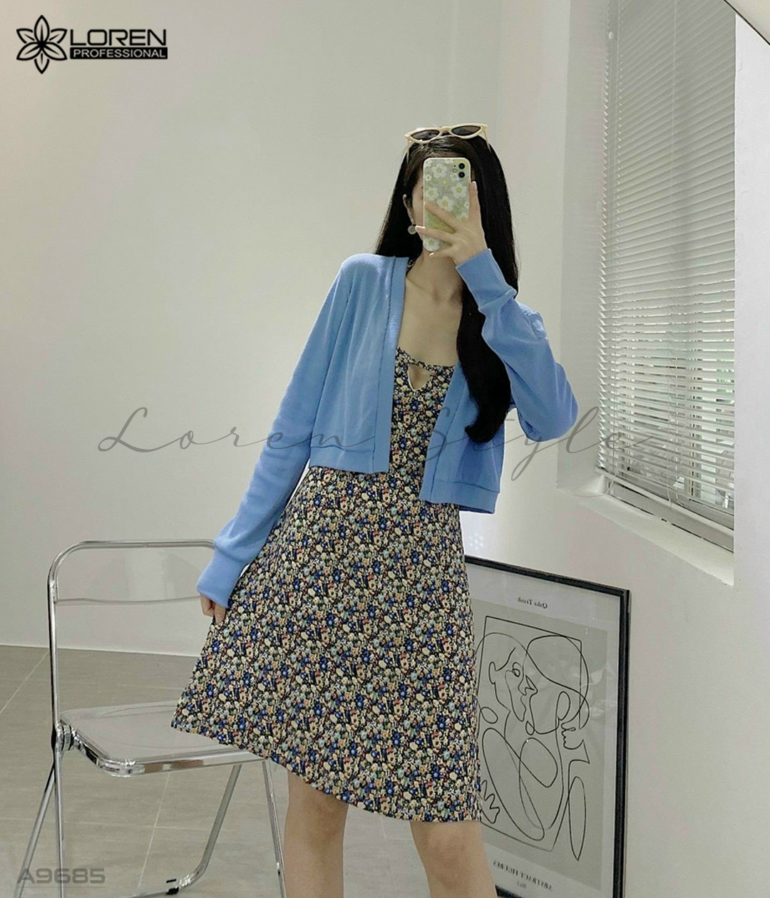 Set đầm hoa cổ yếm kèm khoác A9685