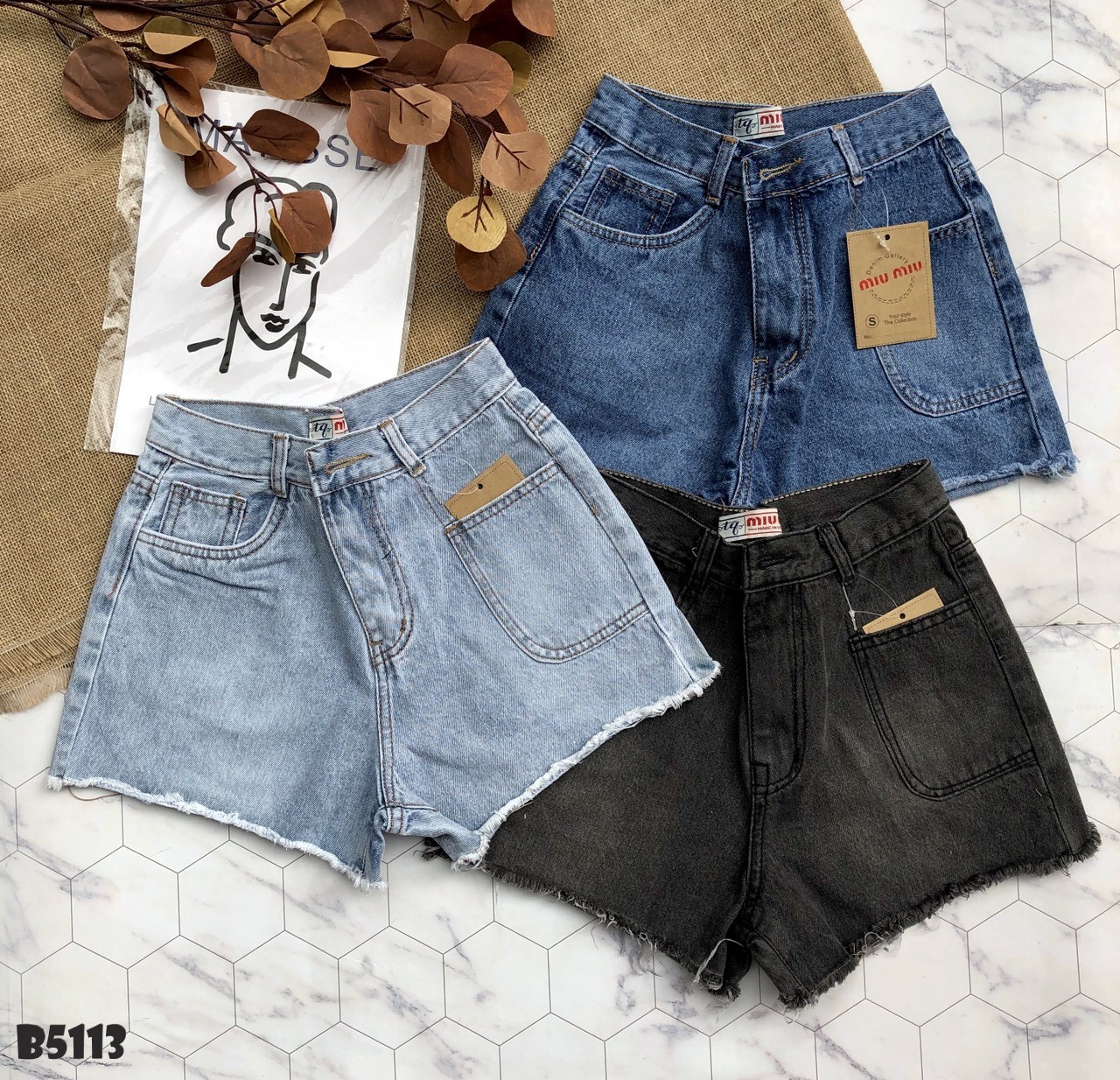 Quần jean short kiểu túi tua xám B5113