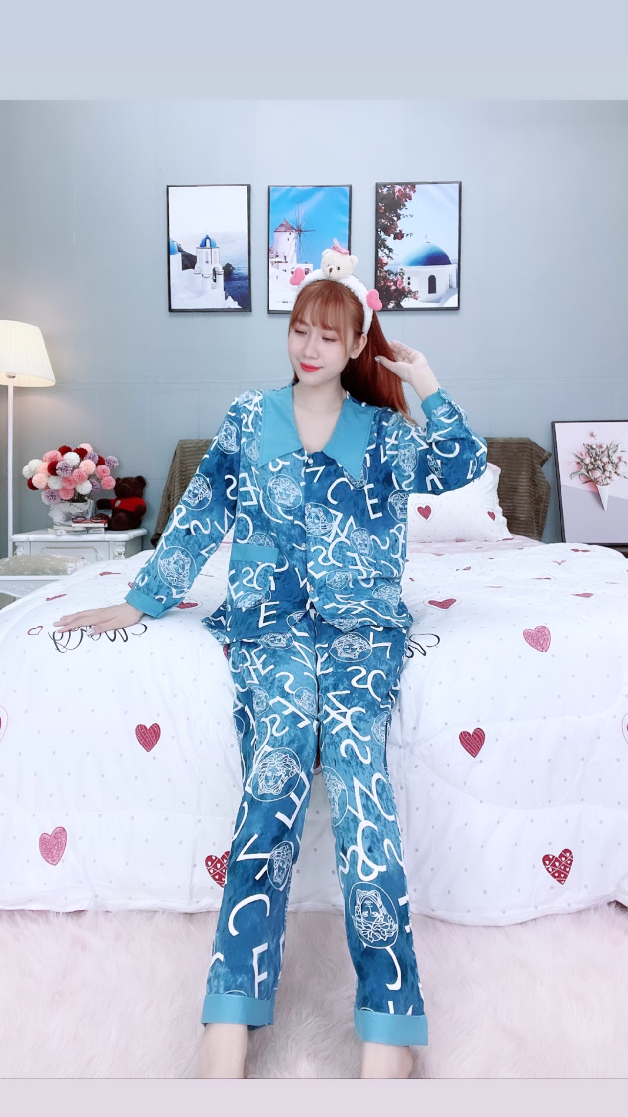 Đồ ngủ pijama dài phối cổ bèo xanh D1660