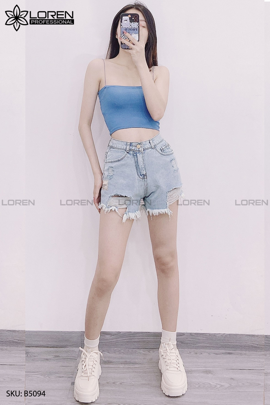 Quần jean short rách xanh B5094