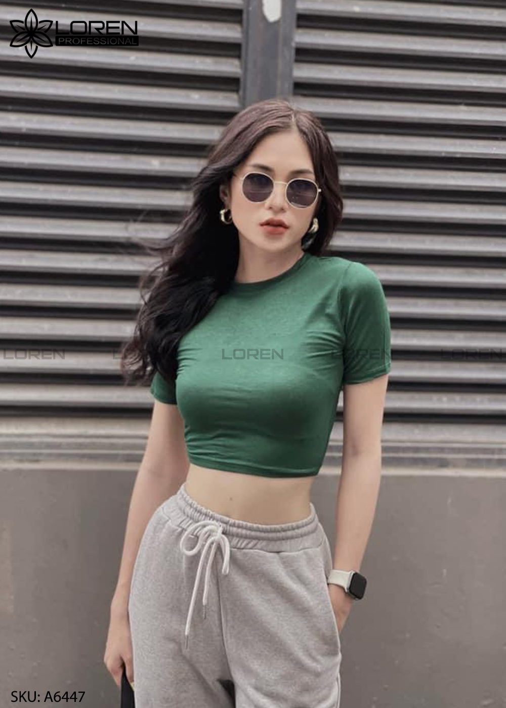 Áo croptop cổ tròn tay ngắn xanh A6447