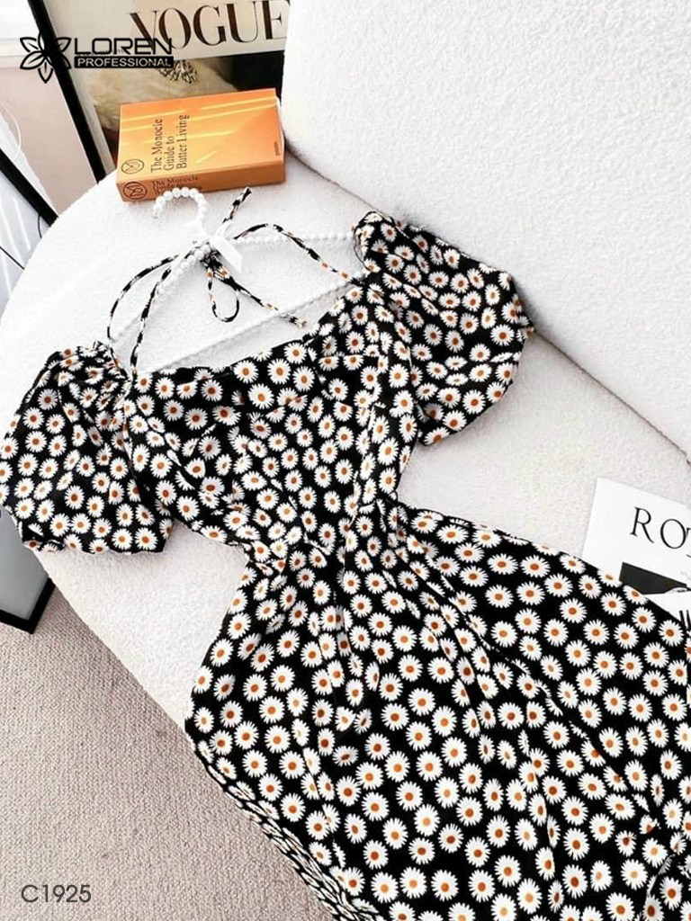 Đầm maxi loren đen hoa cúc bo chun C1925
