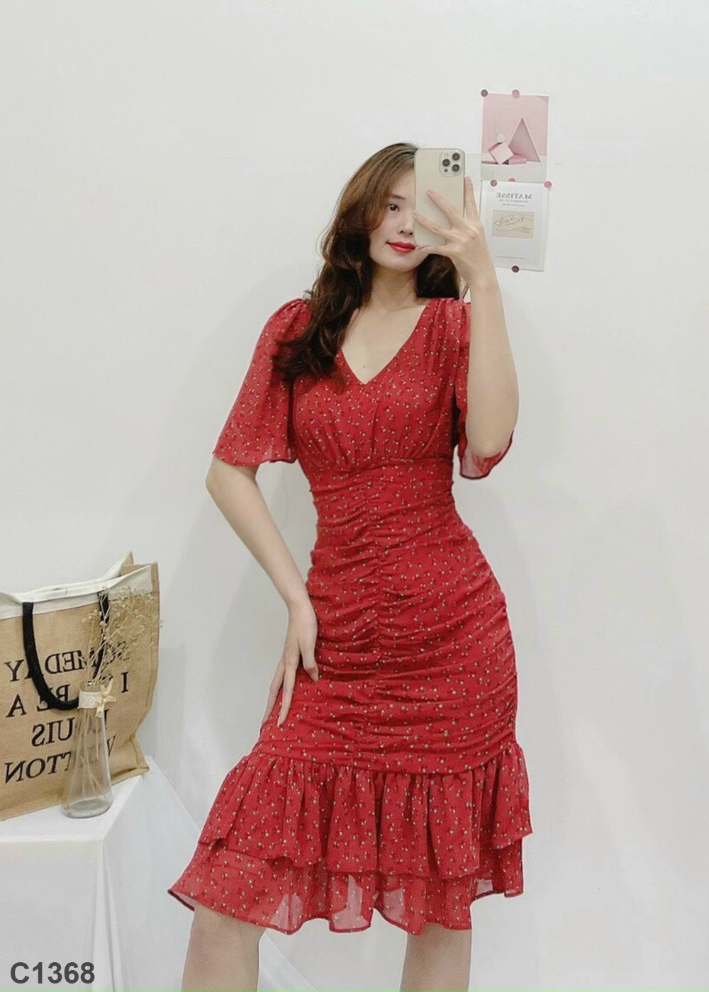 Đầm hoa nhún thân đỏ C1368