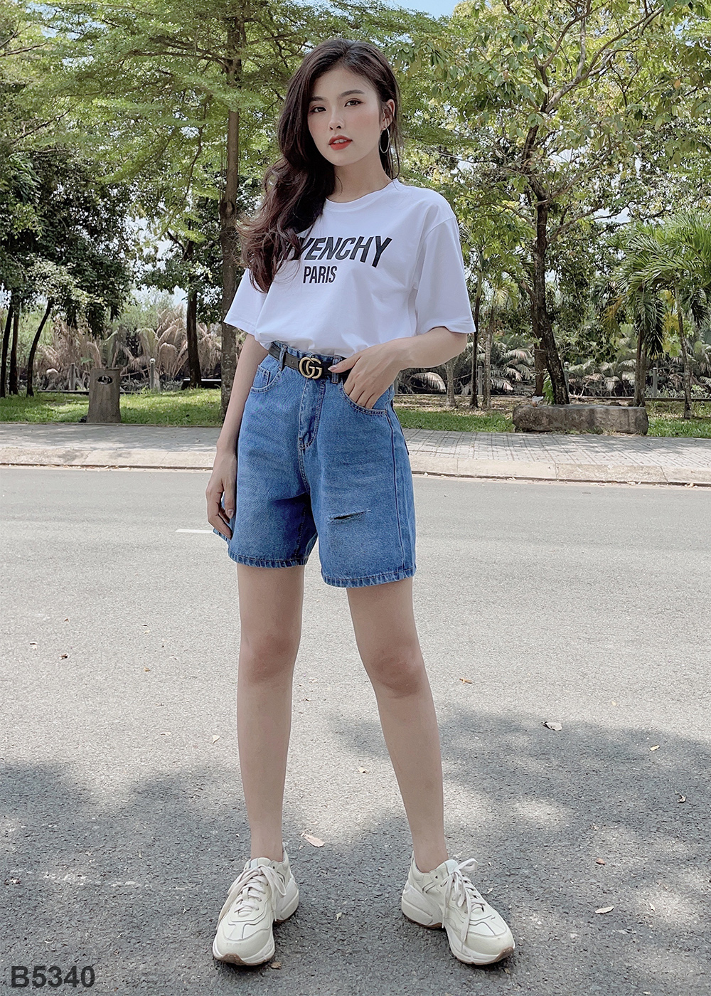 Quần jean ngố rách xanh B5340