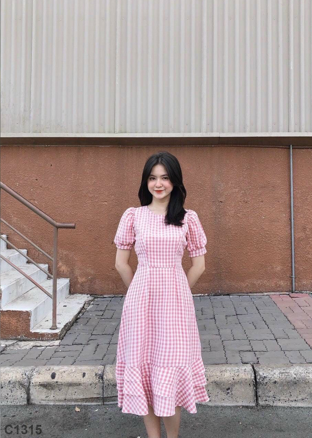 Đầm caro hồng C1315