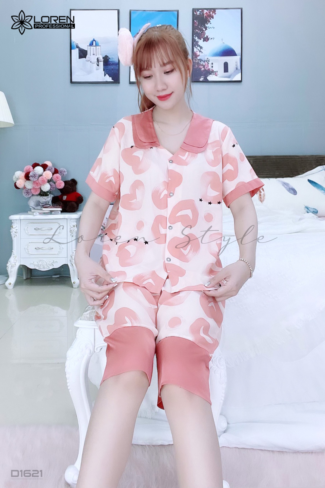 Đồ ngủ pijama lửng phối 2 lá hồng D1621