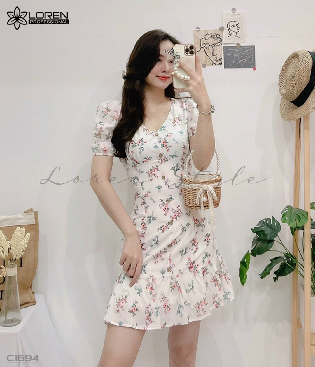 Đầm xòe hoa nhí trắng C1694