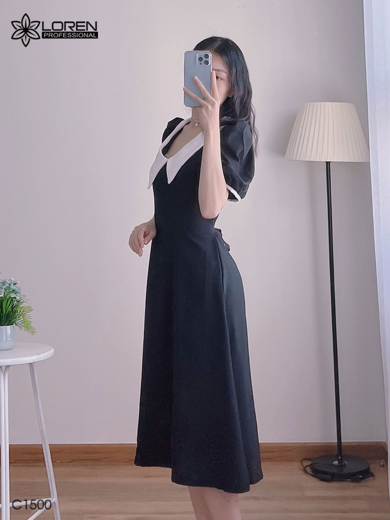 Đầm midi đen cổ peter trắng C1500