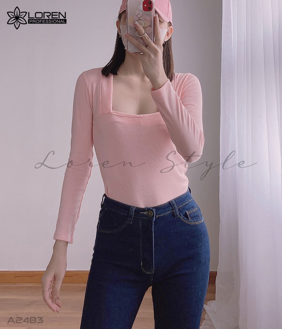 Áo thun nữ LOREN tay dài cổ vuông hồng A2483